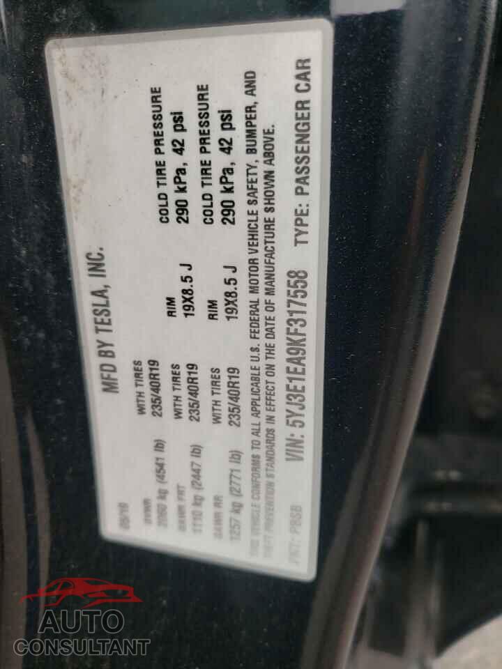 TESLA MODEL 3 2019 - 5YJ3E1EA9KF317558