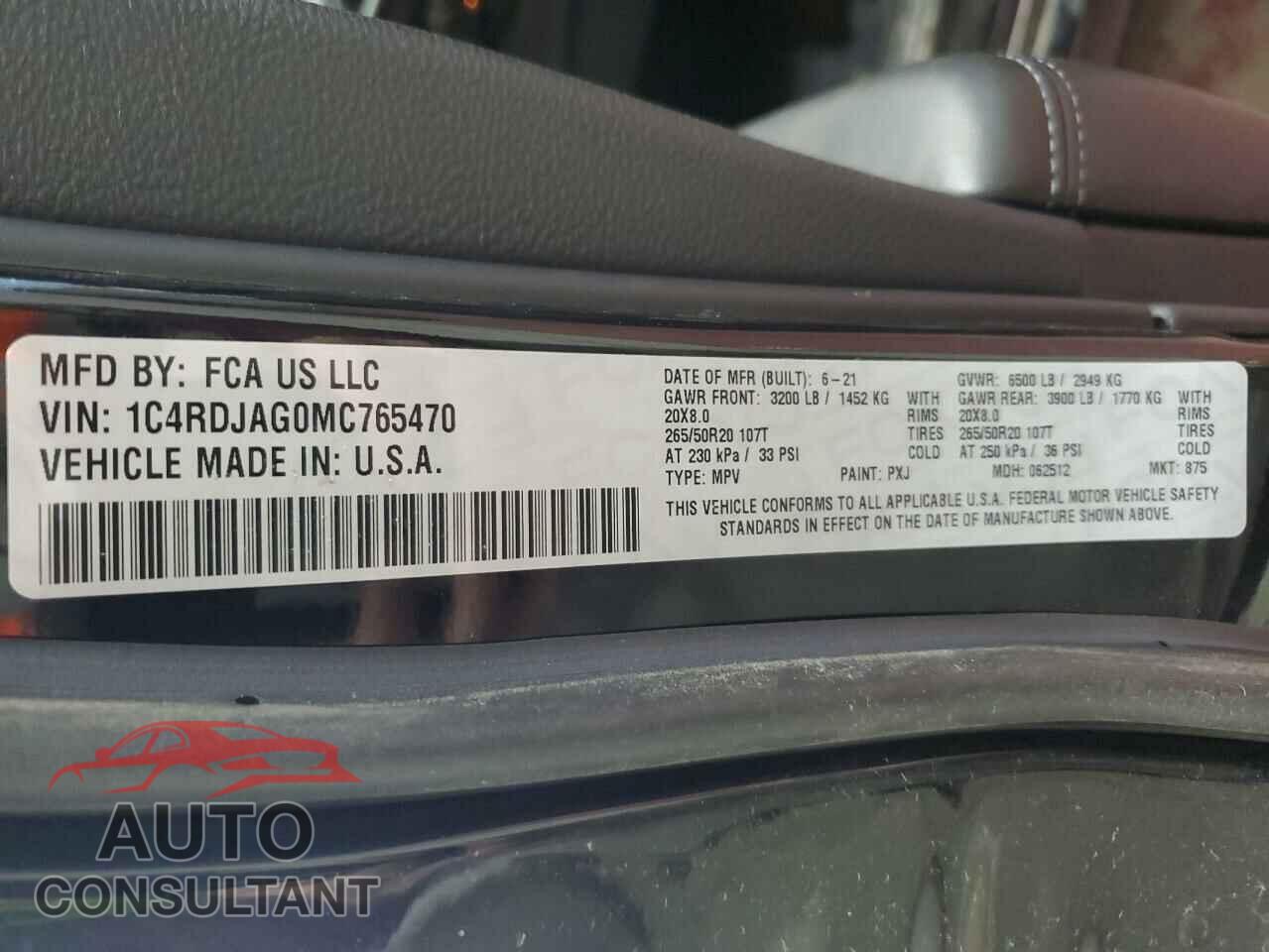 DODGE DURANGO 2021 - 1C4RDJAG0MC765470