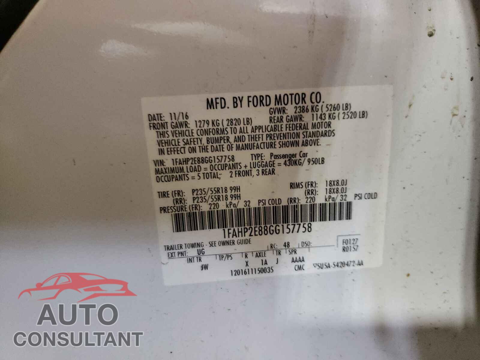 FORD TAURUS 2016 - 1FAHP2E88GG157758