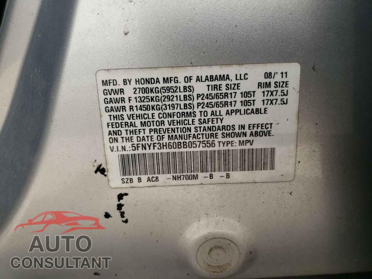 HONDA PILOT 2011 - 5FNYF3H60BB057556