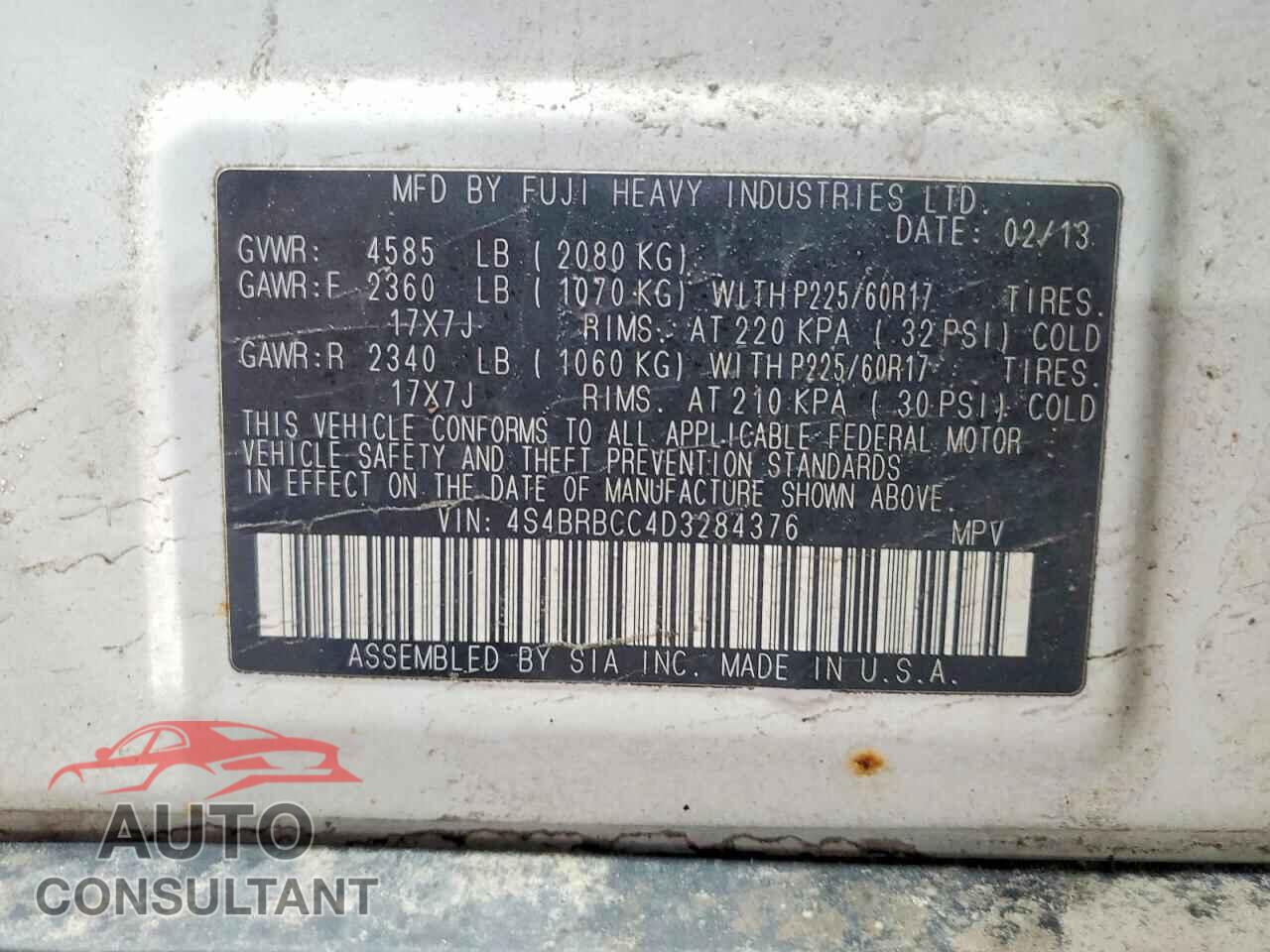 SUBARU OUTBACK 2013 - 4S4BRBCC4D3284376