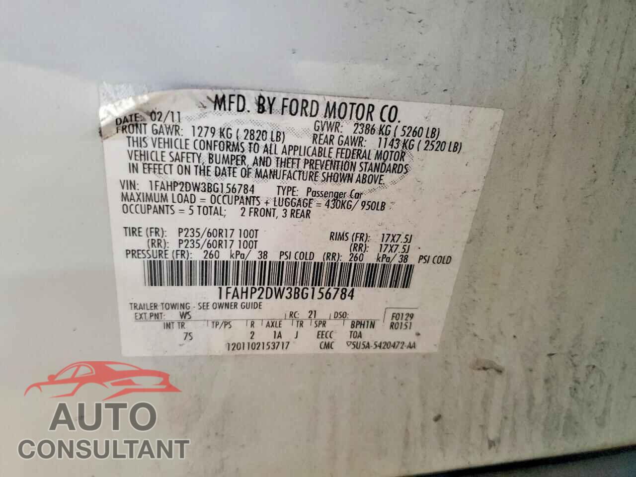 FORD TAURUS 2011 - 1FAHP2DW3BG156784