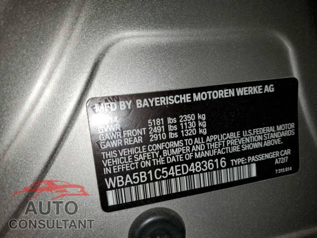 BMW 5 SERIES 2014 - WBA5B1C54ED483616