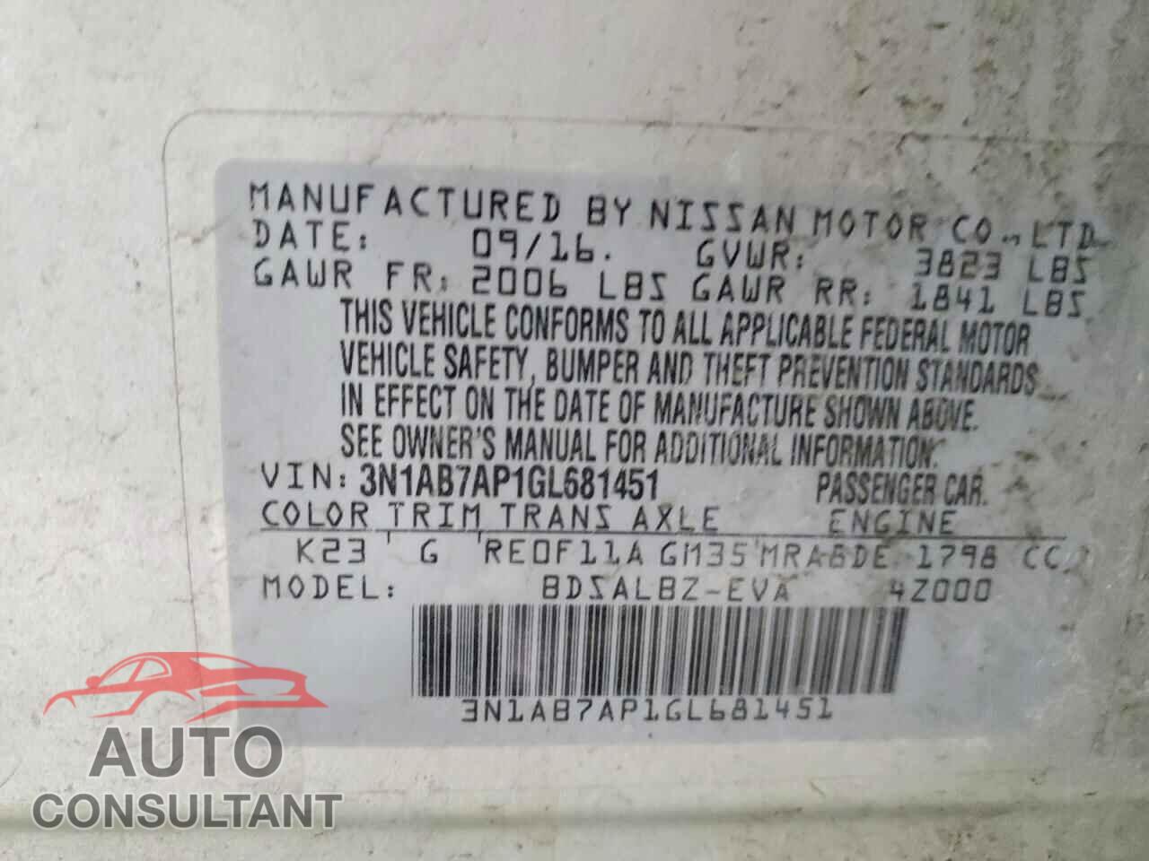 NISSAN SENTRA 2016 - 3N1AB7AP1GL681451