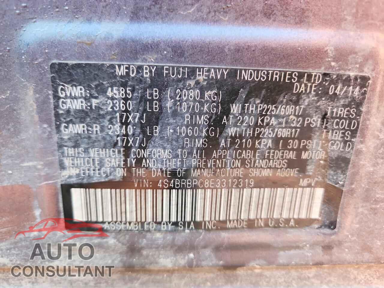 SUBARU OUTBACK 2014 - 4S4BRBPC8E3312319