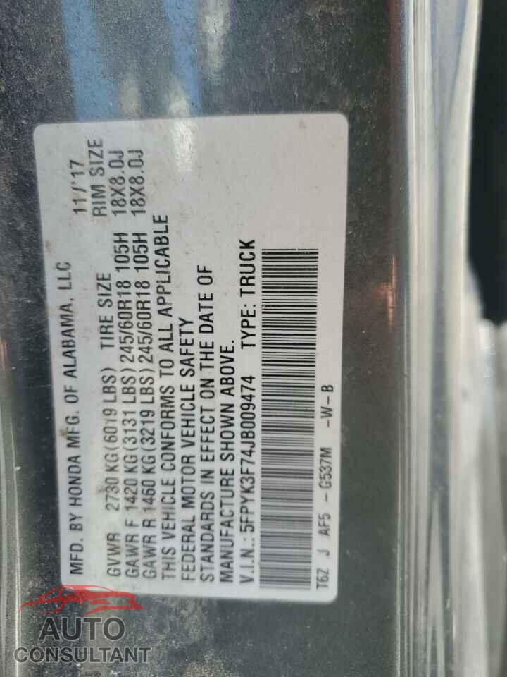 HONDA RIDGELINE 2018 - 5FPYK3F74JB009474