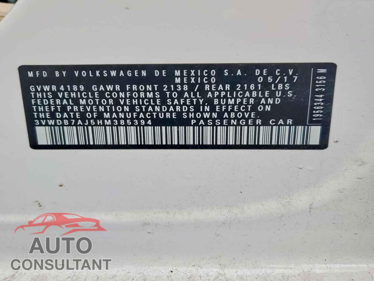 VOLKSWAGEN JETTA 2017 - 3VWDB7AJ5HM385394