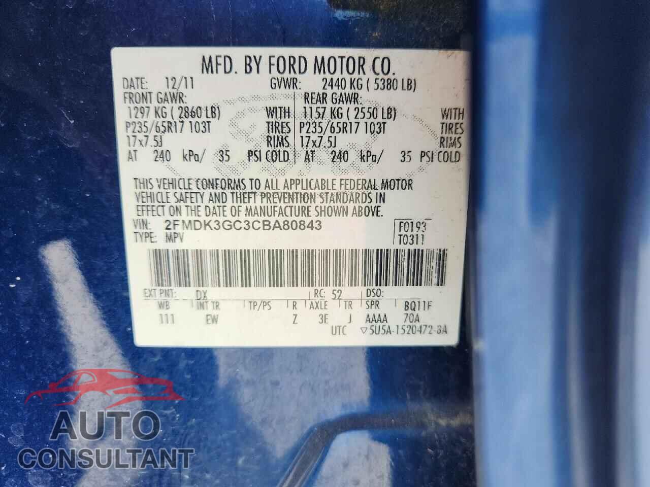 FORD EDGE 2012 - 2FMDK3GC3CBA80843