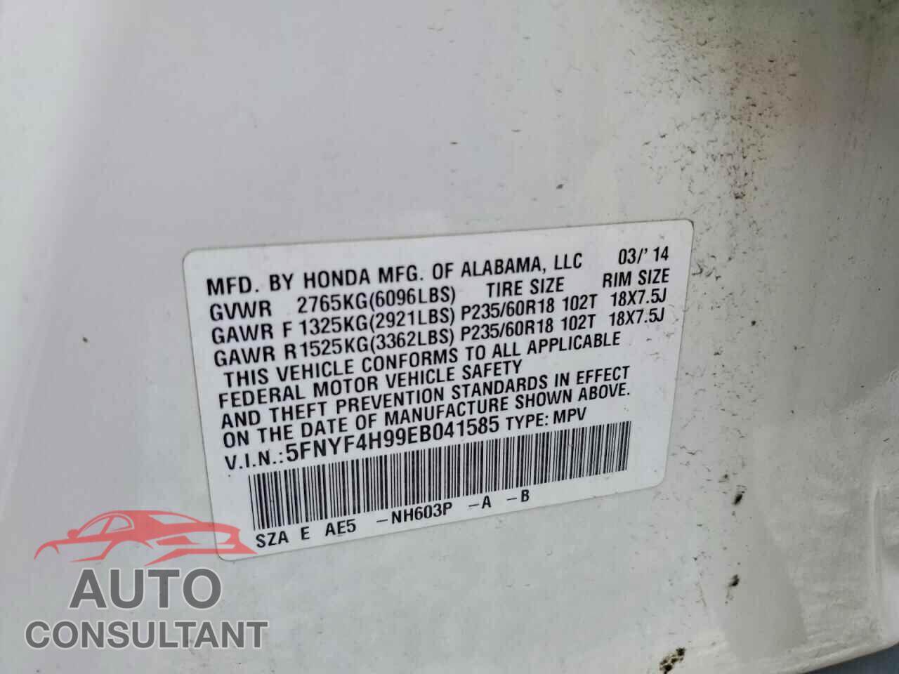 HONDA PILOT 2014 - 5FNYF4H99EB041585