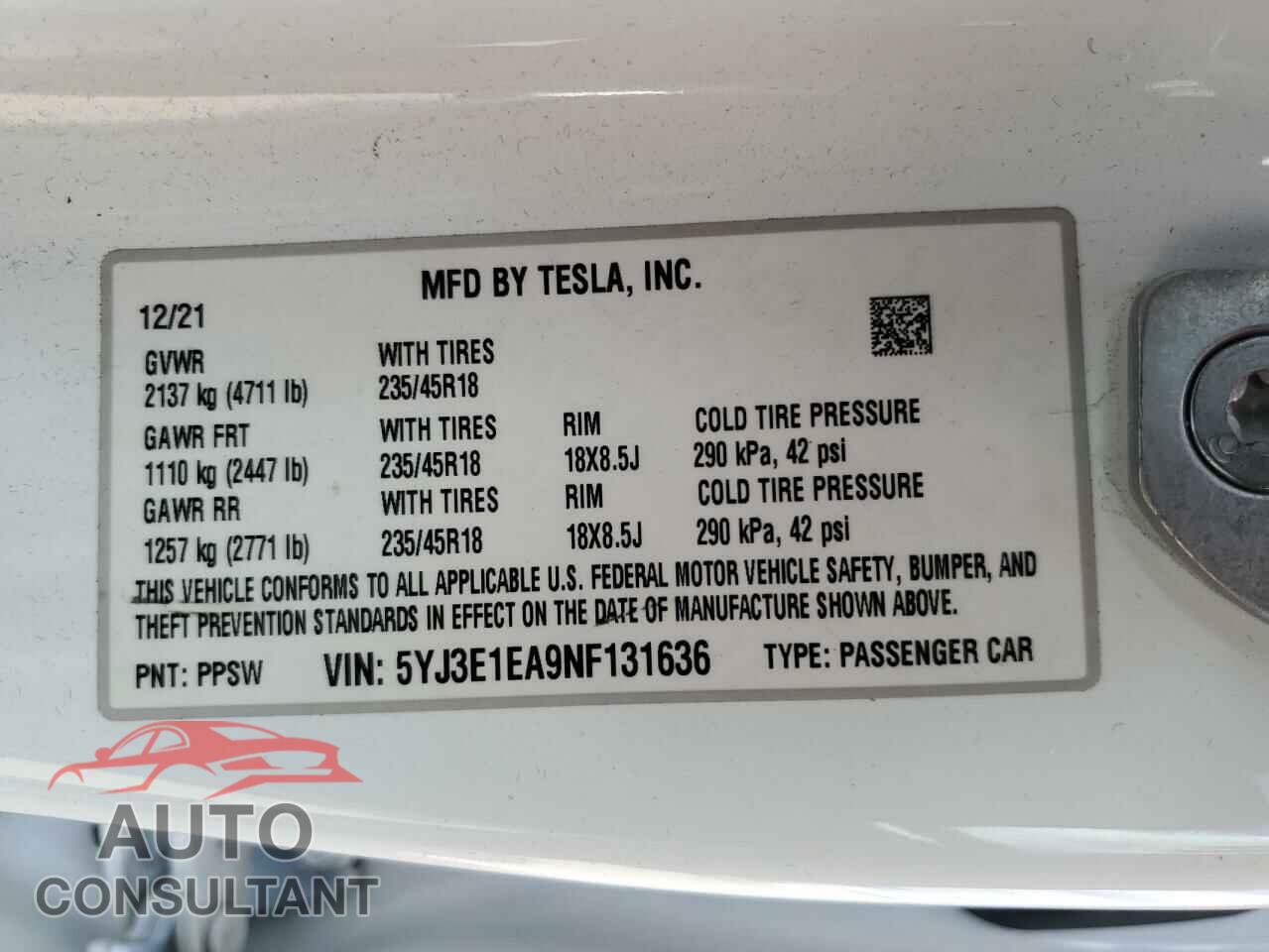 TESLA MODEL 3 2022 - 5YJ3E1EA9NF131636