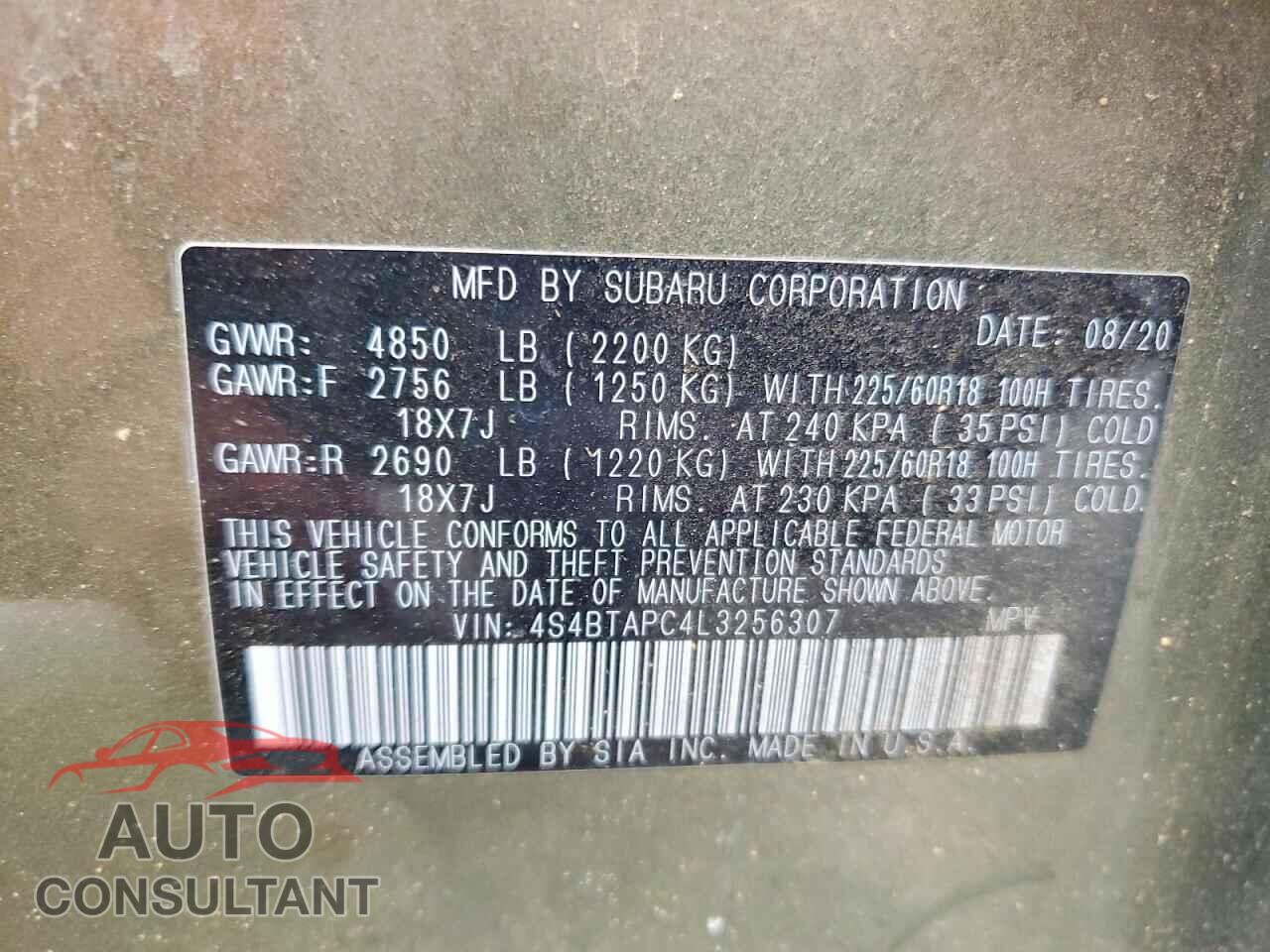 SUBARU OUTBACK 2020 - 4S4BTAPC4L3256307