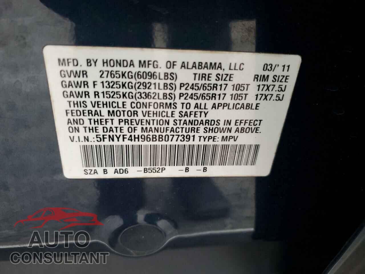 HONDA PILOT 2011 - 5FNYF4H96BB077391