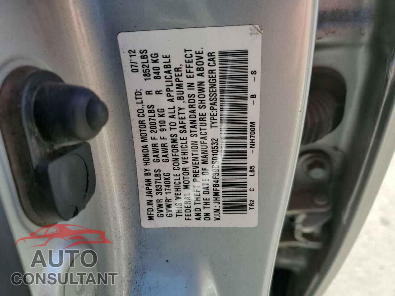 HONDA CIVIC 2012 - JHMFB4F39CS010532