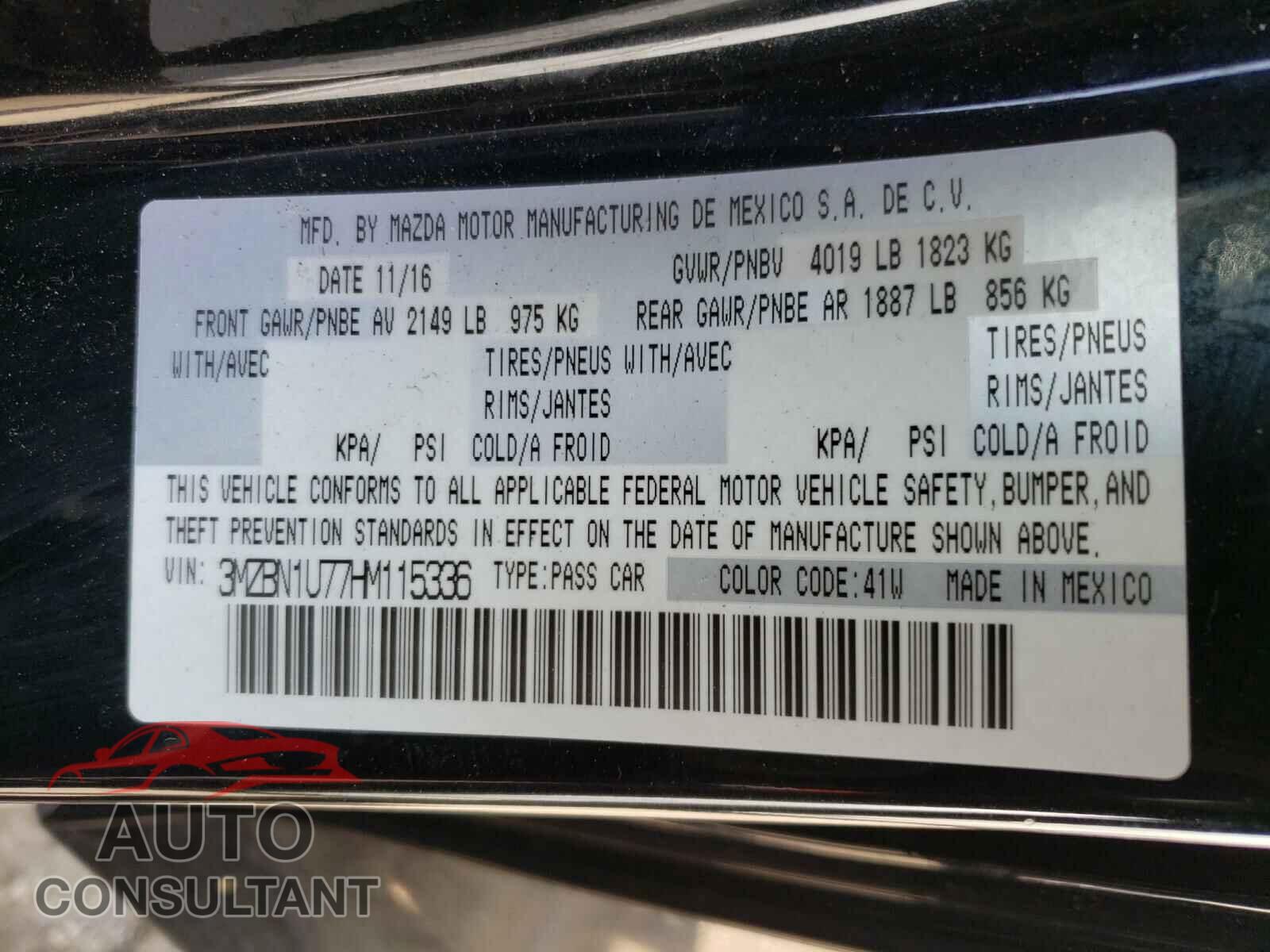 MAZDA 3 2017 - 3MZBN1U77HM115336
