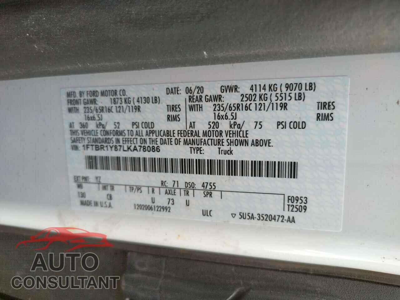 FORD TRANSIT CO 2017 - 1FTBR1Y87LKA78086