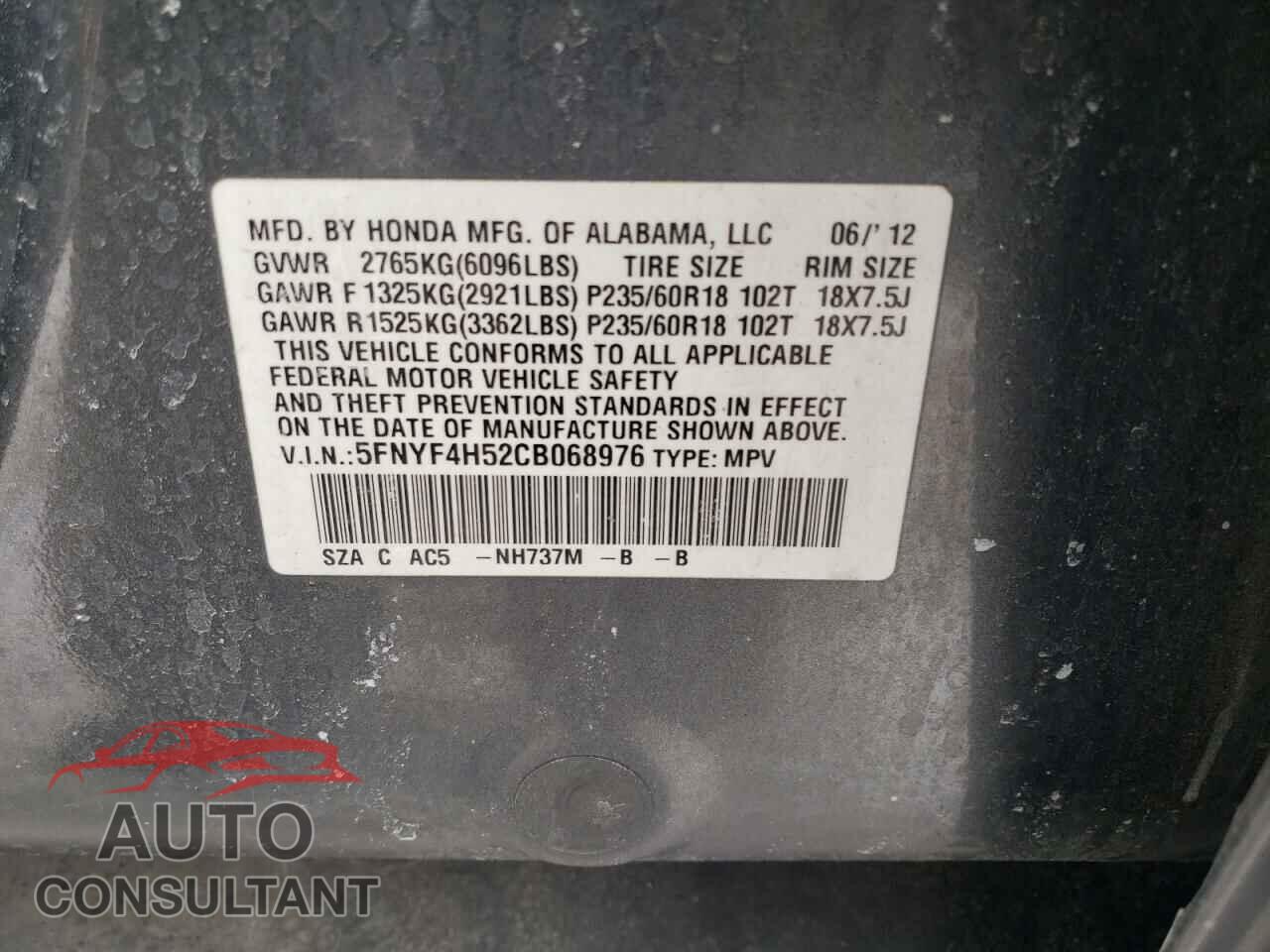HONDA PILOT 2012 - 5FNYF4H52CB068976