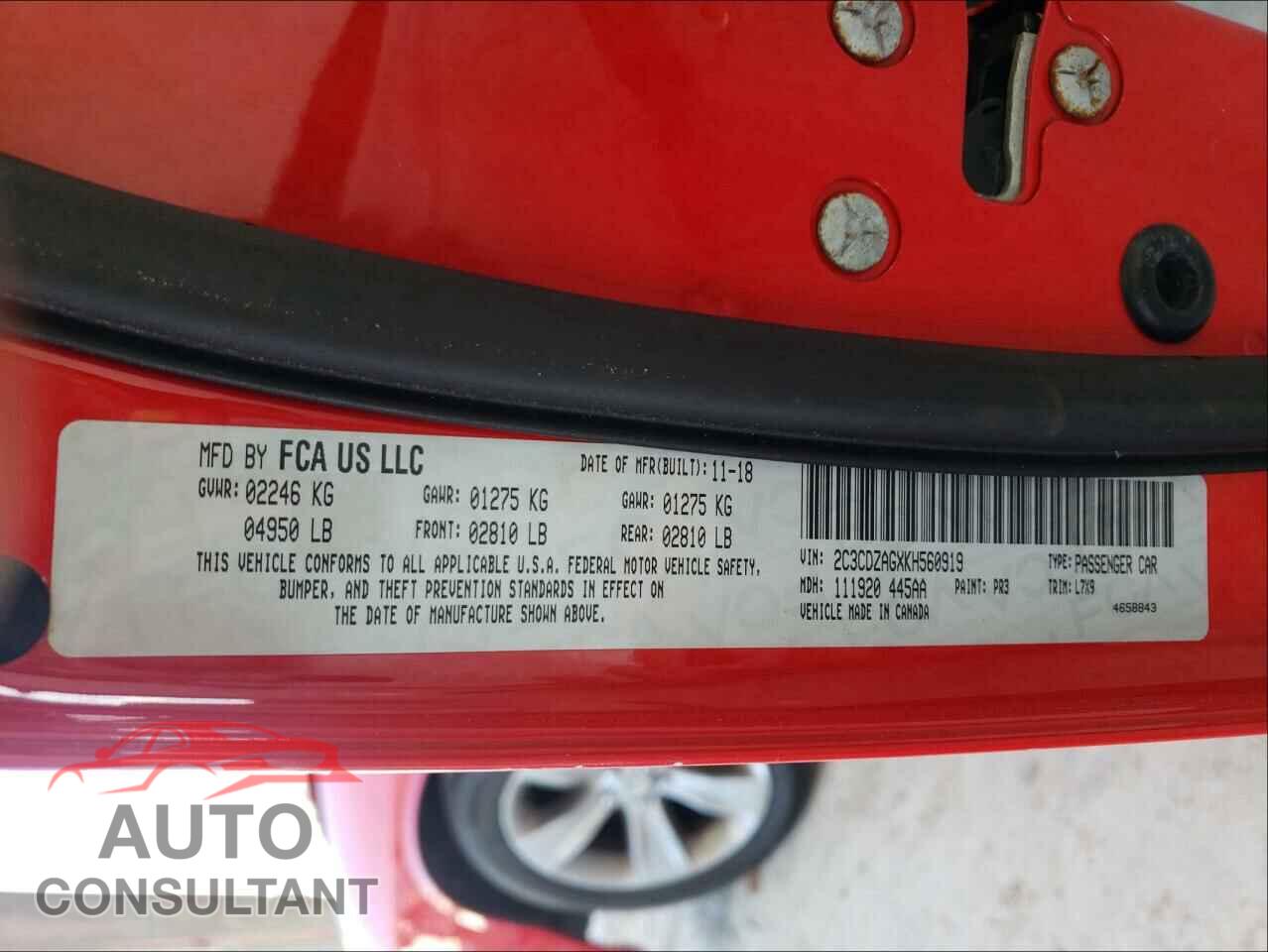 DODGE CHALLENGER 2019 - 2C3CDZAGXKH560919