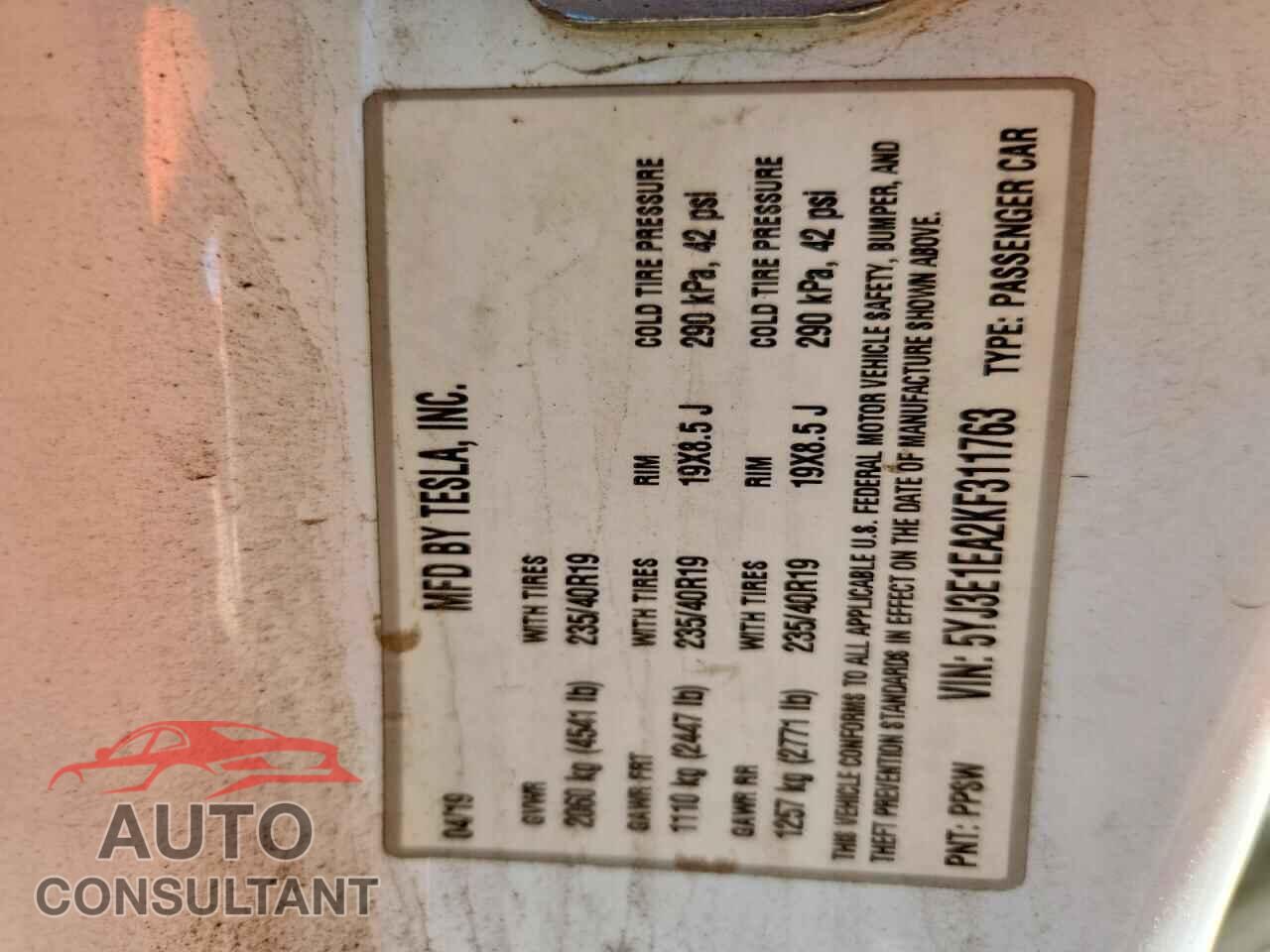 TESLA MODEL 3 2019 - 5YJ3E1EA2KF311763