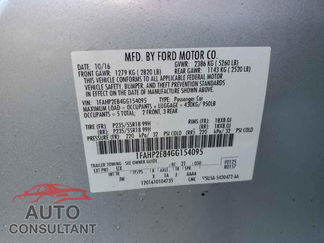 FORD TAURUS 2016 - 1FAHP2E84GG154095
