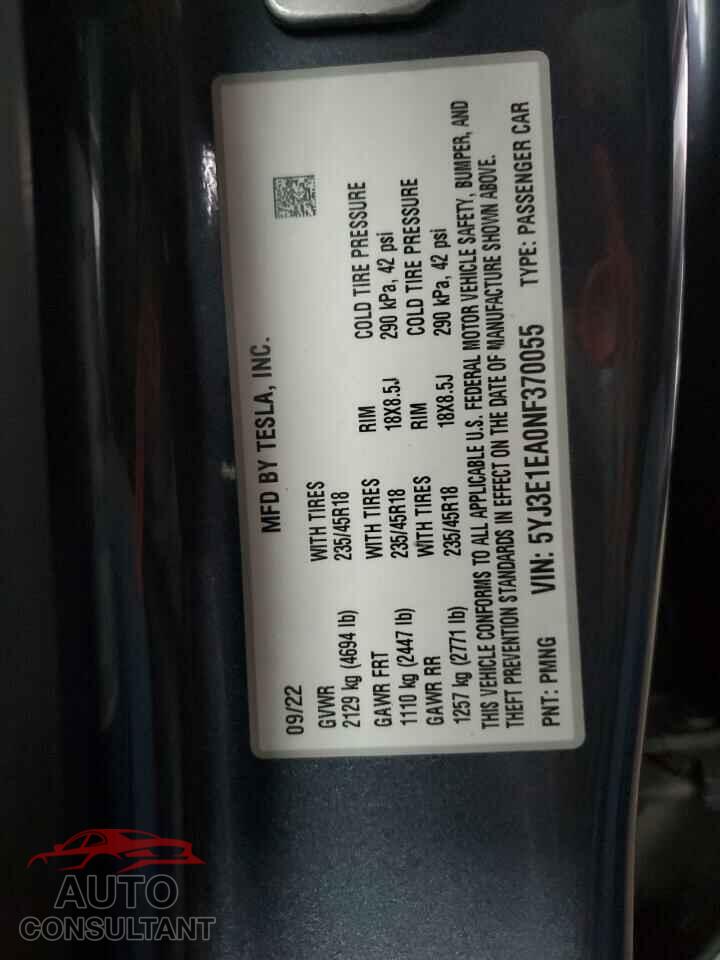 TESLA MODEL 3 2022 - 5YJ3E1EA0NF370055