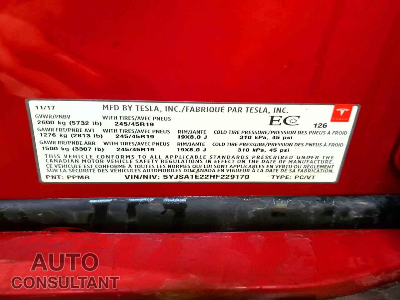 TESLA MODEL S 2017 - 5YJSA1E22HF229170