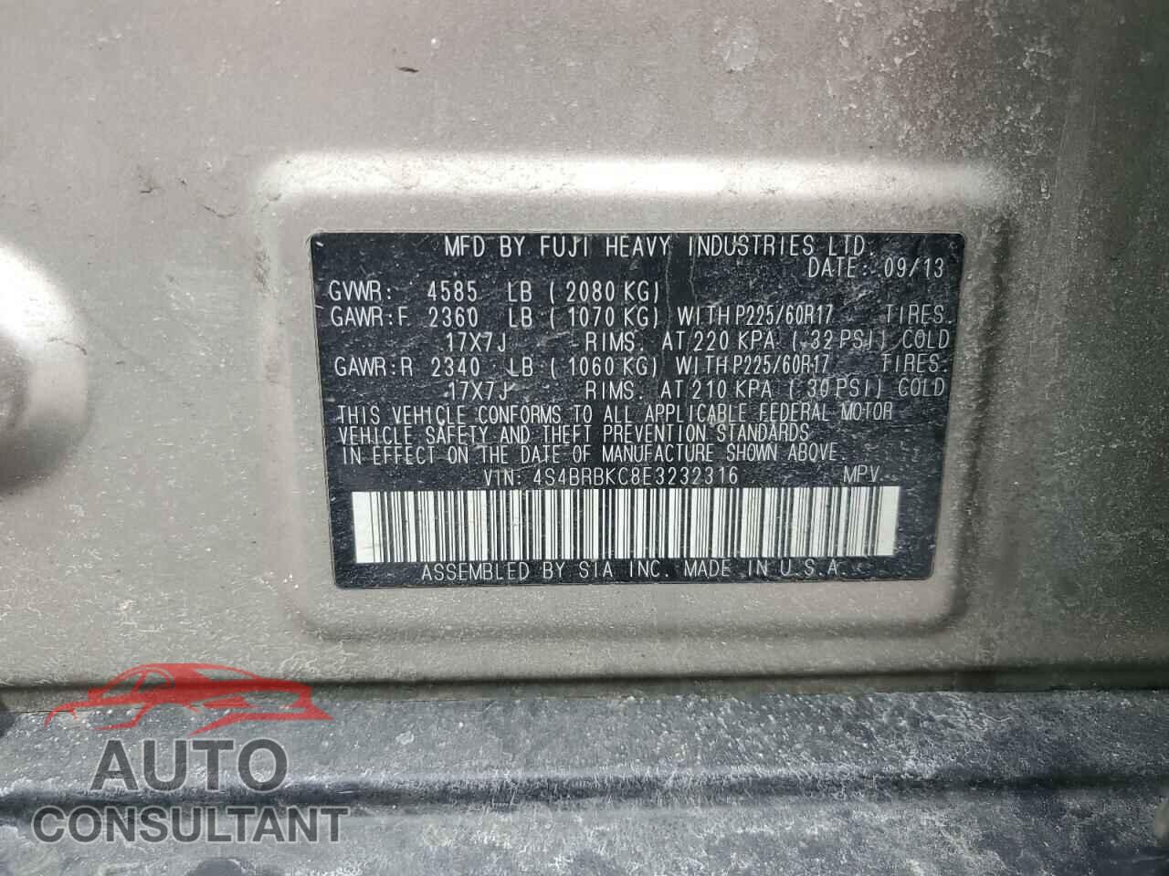 SUBARU OUTBACK 2014 - 4S4BRBKC8E3232316
