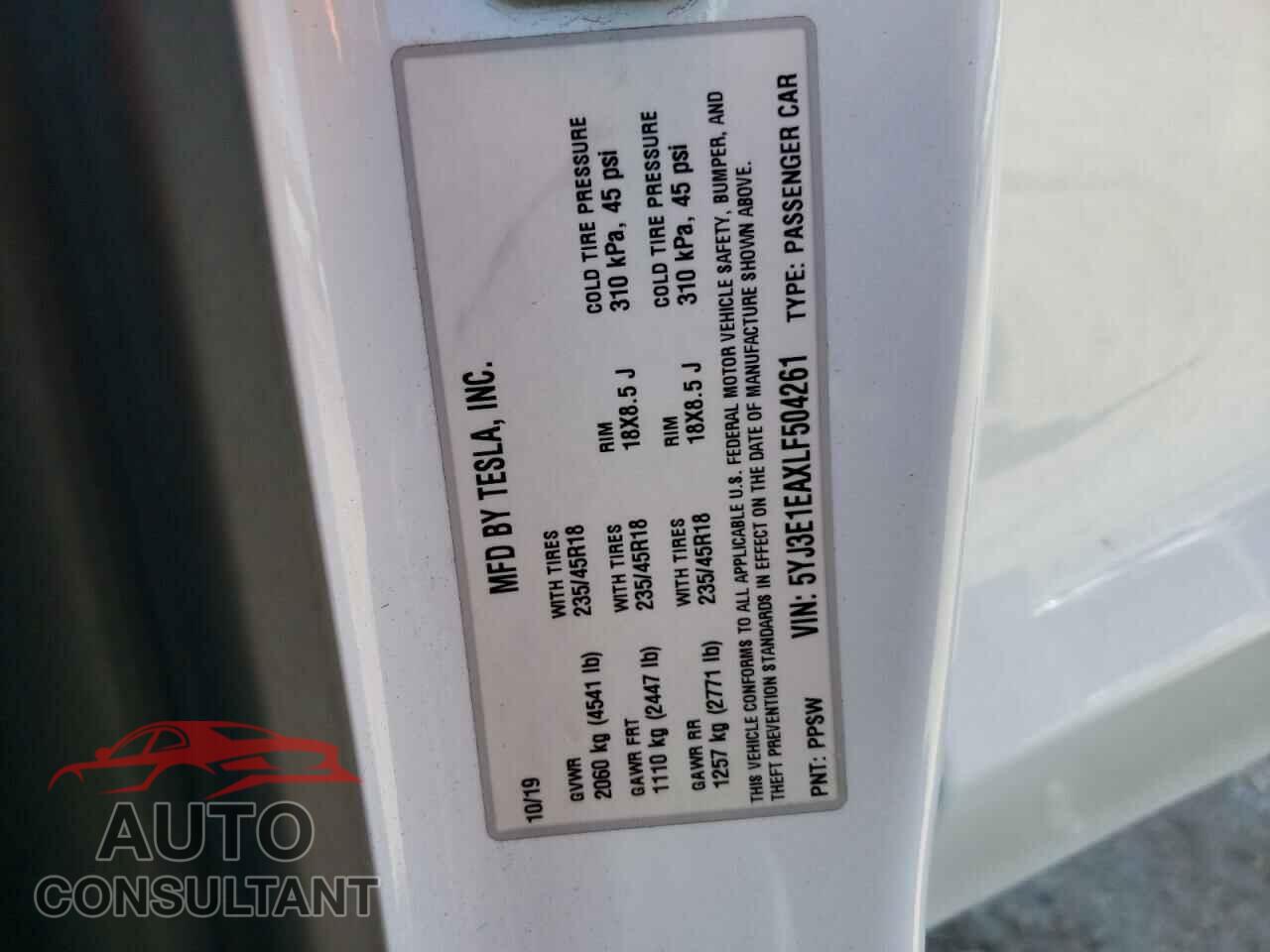 TESLA MODEL 3 2020 - 5YJ3E1EAXLF504261
