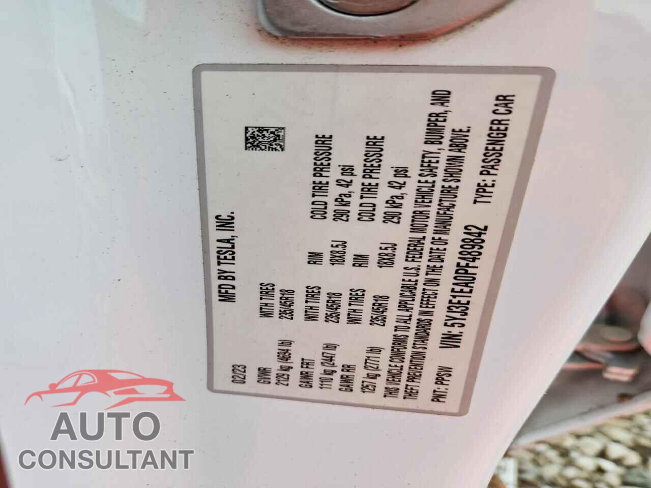 TESLA MODEL 3 2023 - 5YJ3E1EA0PF489842