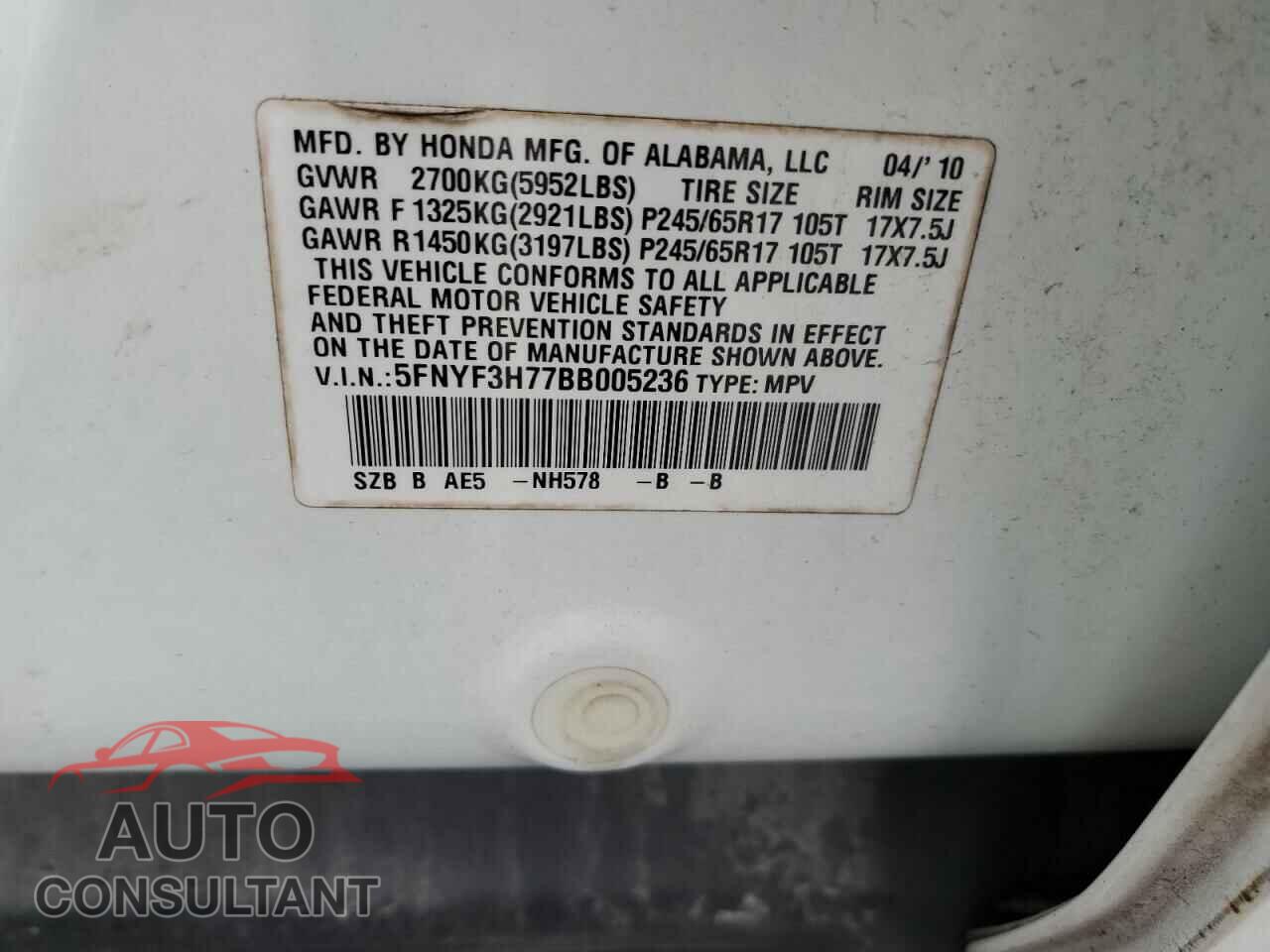 HONDA PILOT 2011 - 5FNYF3H77BB005236