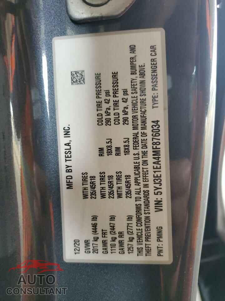 TESLA MODEL 3 2021 - 5YJ3E1EA4MF876034