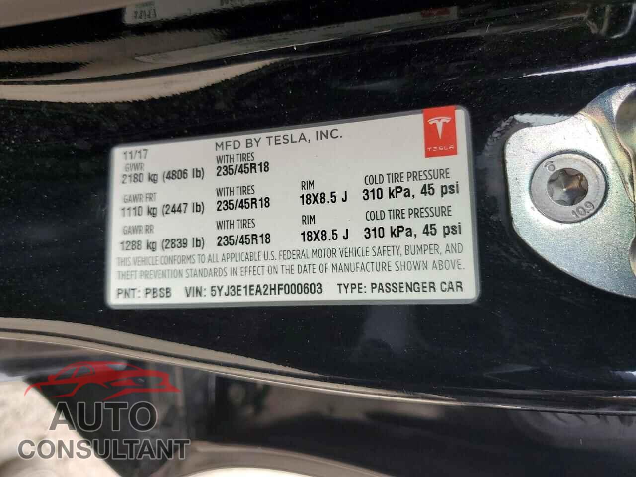 TESLA MODEL 3 2017 - 5YJ3E1EA2HF000603