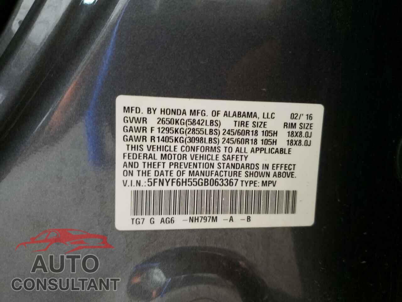 HONDA PILOT 2016 - 5FNYF6H55GB063367