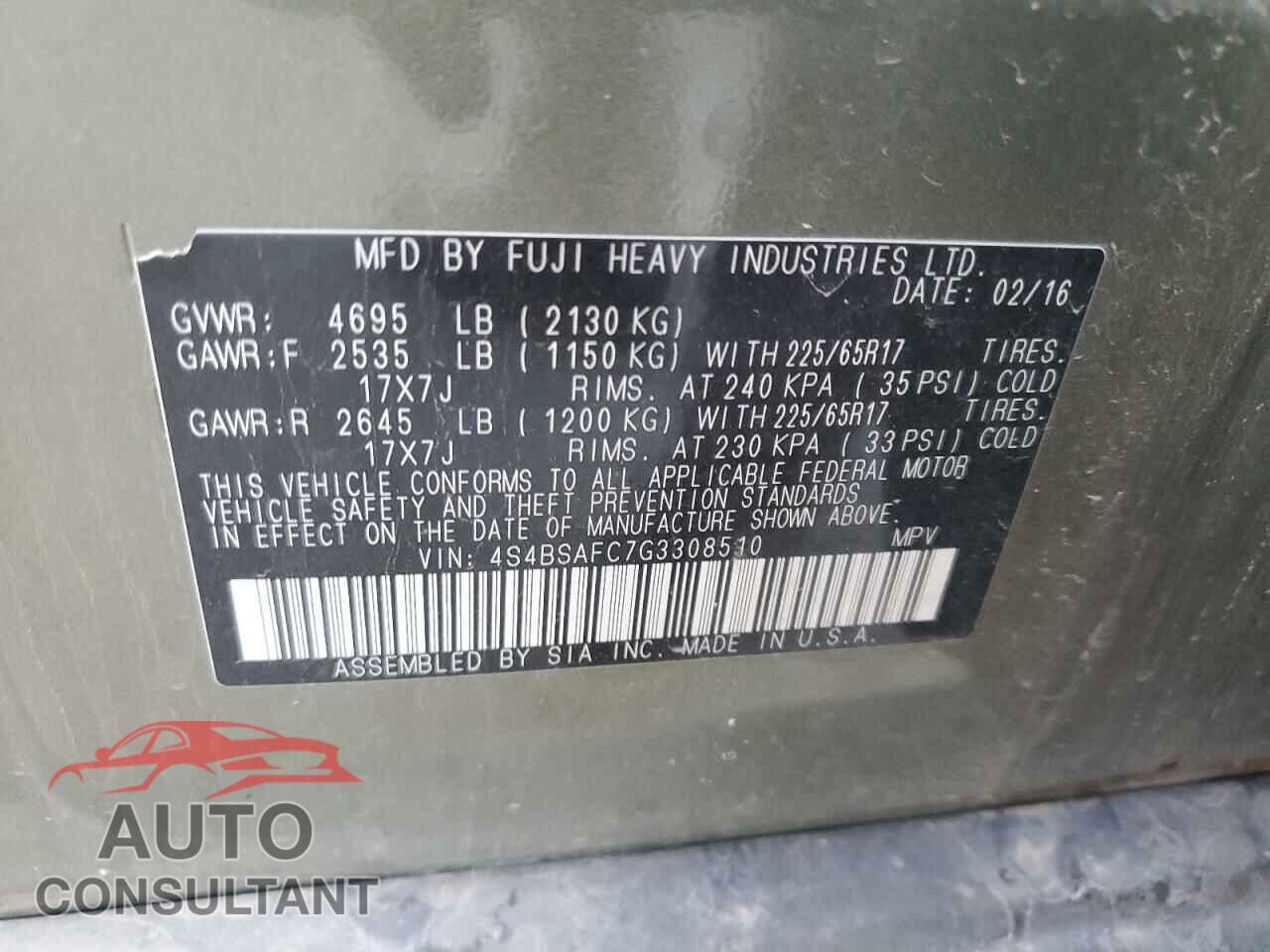 SUBARU OUTBACK 2016 - 4S4BSAFC7G3308510