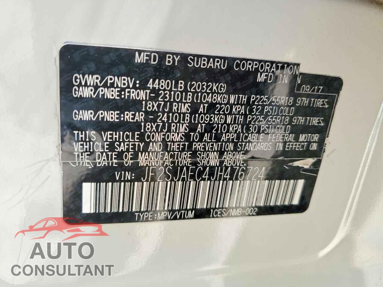 SUBARU FORESTER 2018 - JF2SJAEC4JH476724