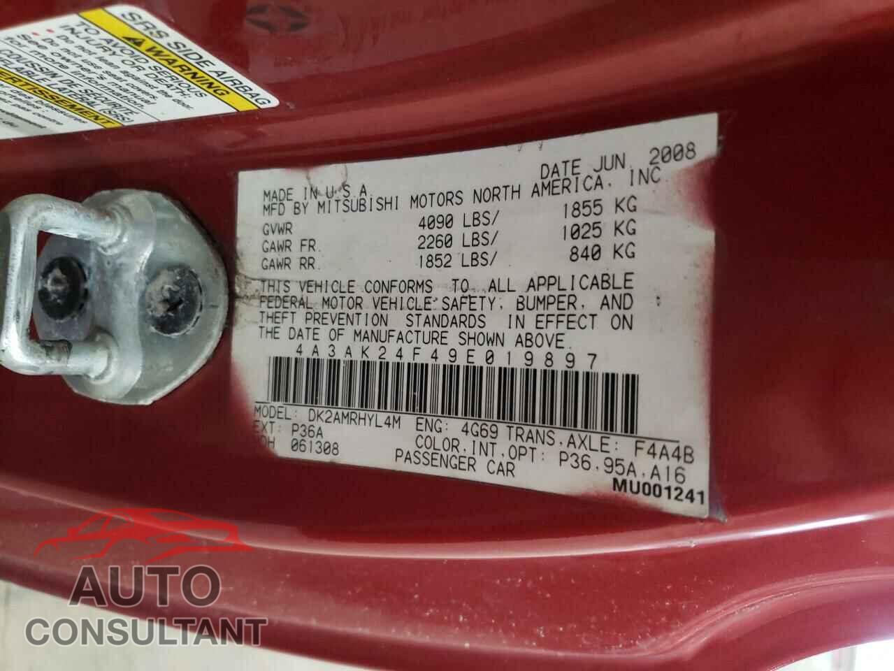 MITSUBISHI ECLIPSE 2009 - 4A3AK24F49E019897