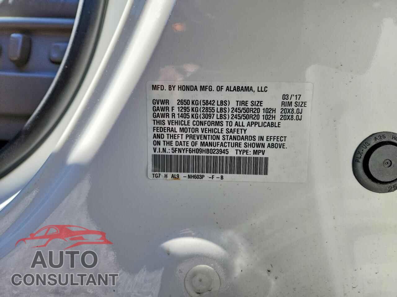 HONDA PILOT 2017 - 5FNYF6H09HB023945
