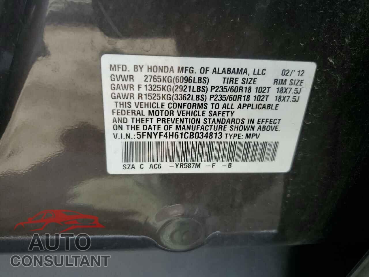 HONDA PILOT 2012 - 5FNYF4H61CB034813