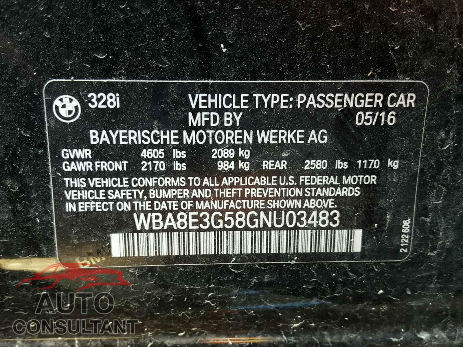 BMW 3 SERIES 2016 - WBA8E3G58GNU03483