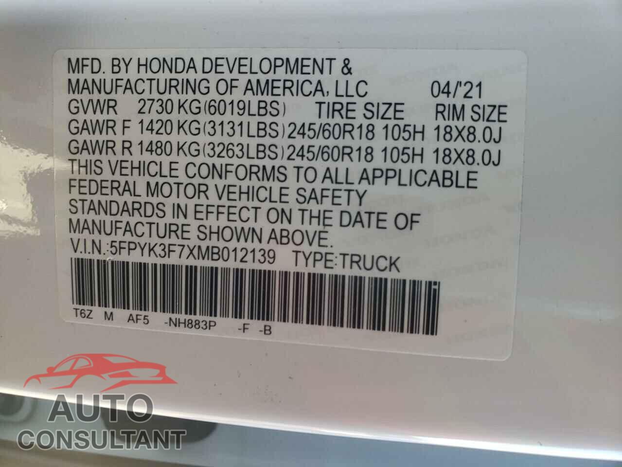HONDA RIDGELINE 2021 - 5FPYK3F7XMB012139