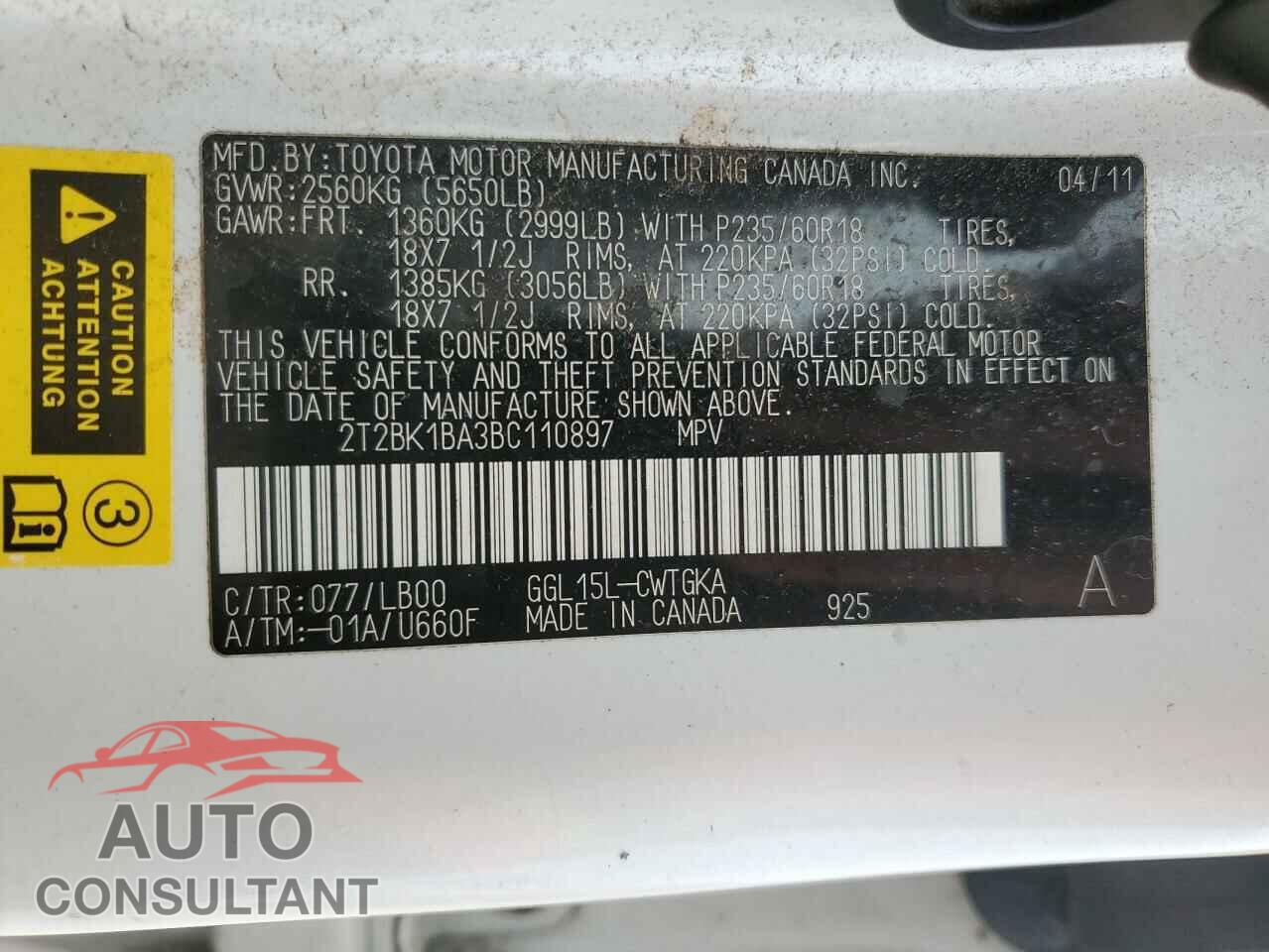 LEXUS RX350 2011 - 2T2BK1BA3BC110897