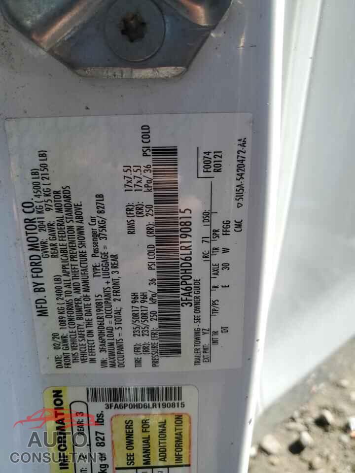 FORD FUSION 2020 - 3FA6P0HD6LR190815