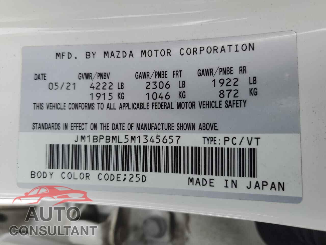 MAZDA 3 2021 - JM1BPBML5M1345657