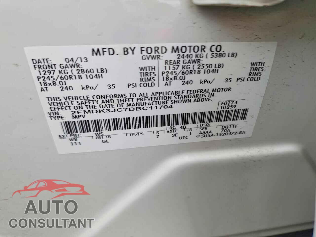 FORD EDGE 2013 - 2FMDK3JC7DBC11704
