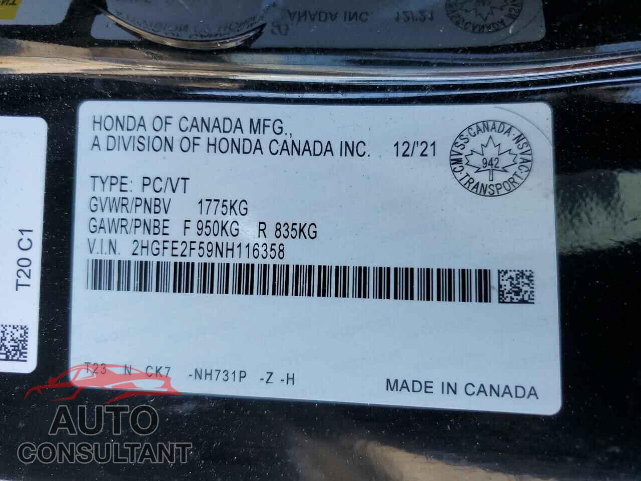 HONDA CIVIC 2022 - 2HGFE2F59NH116358