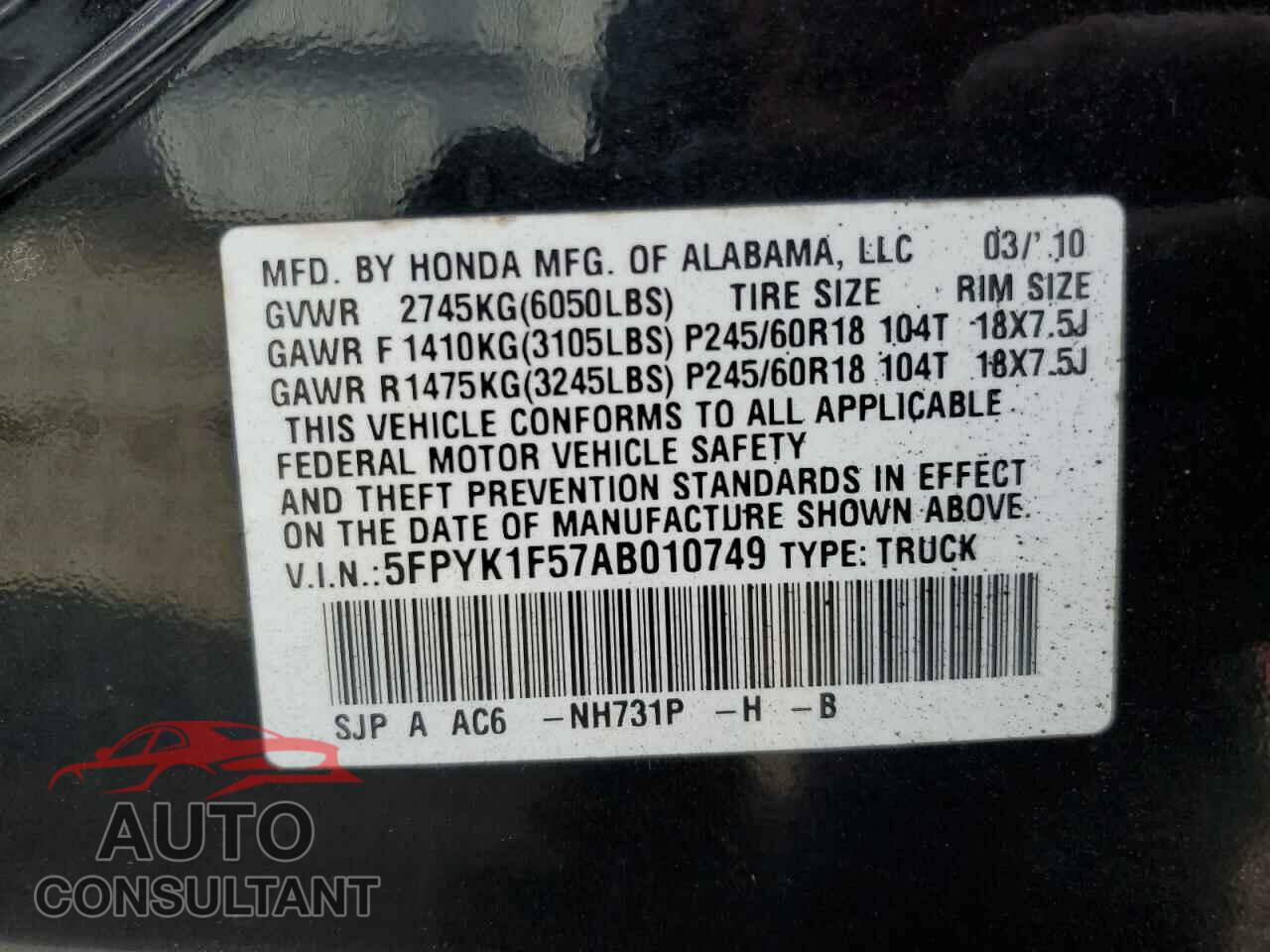 HONDA RIDGELINE 2010 - 5FPYK1F57AB010749