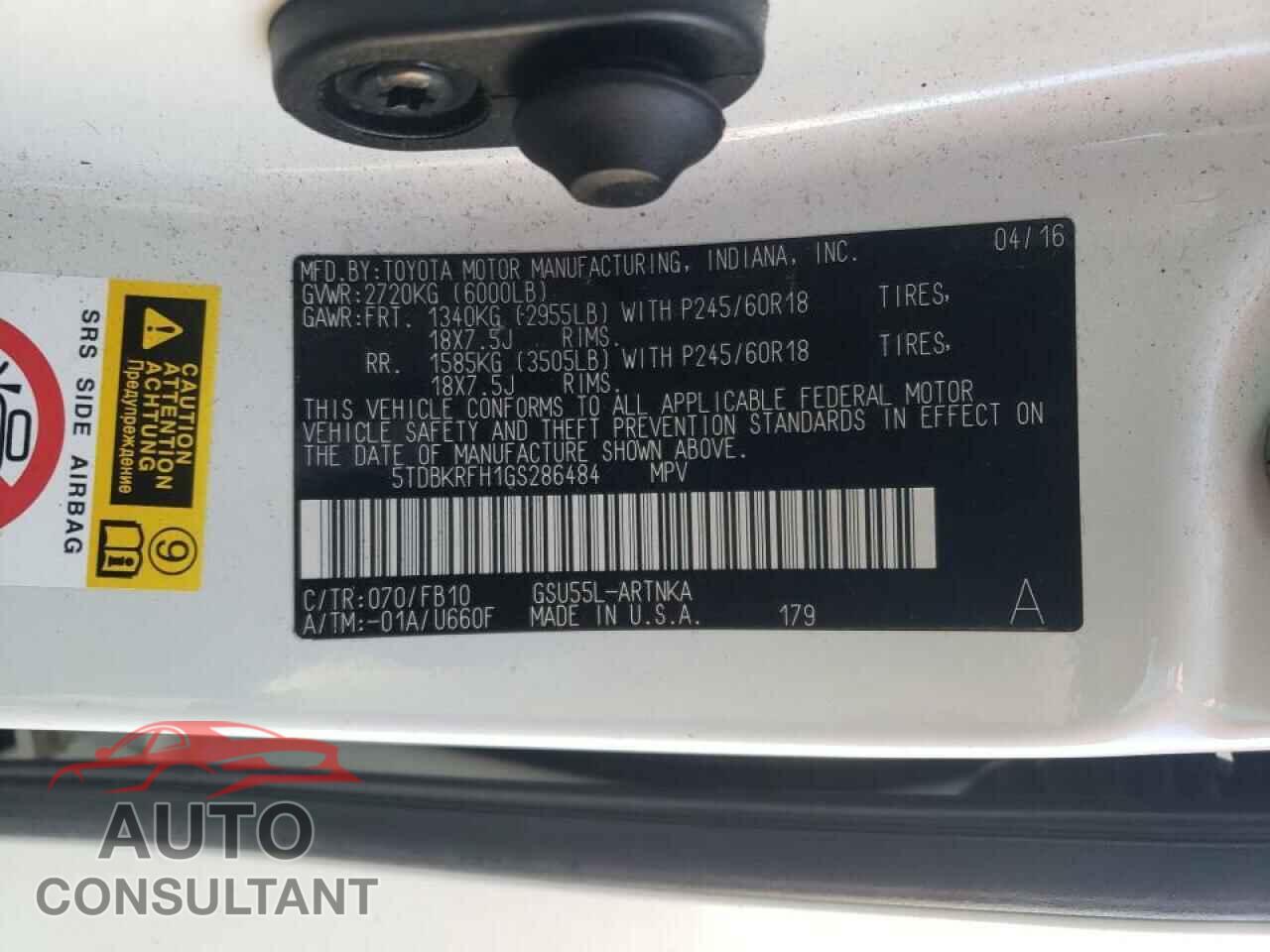 TOYOTA HIGHLANDER 2016 - 5TDBKRFH1GS286484