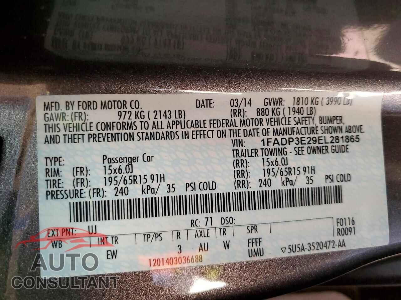 FORD FOCUS 2014 - 1FADP3E29EL281865