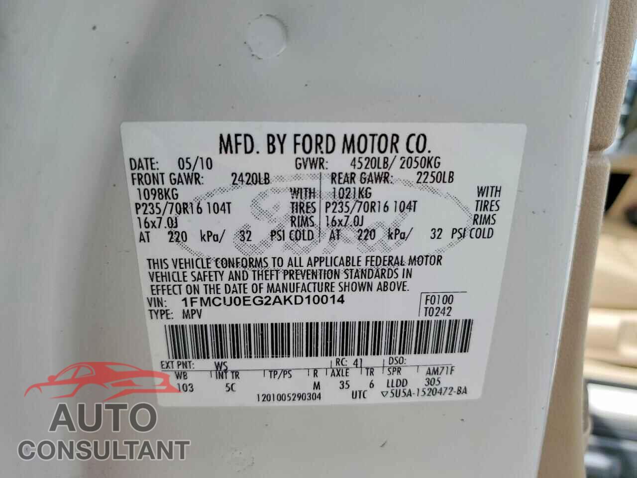 FORD ESCAPE 2010 - 1FMCU0EG2AKD10014