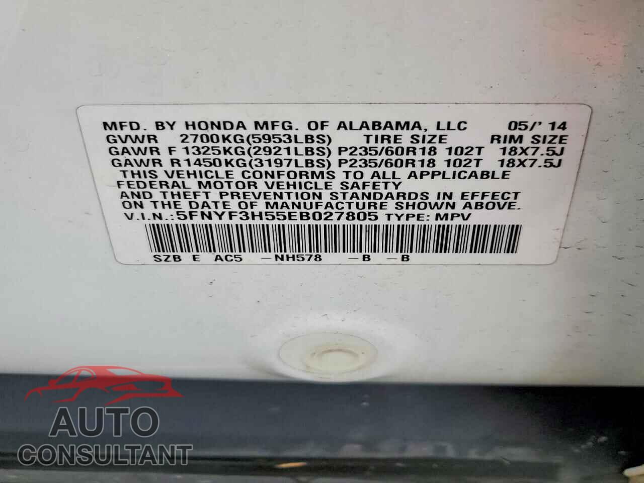 HONDA PILOT 2014 - 5FNYF3H55EB027805