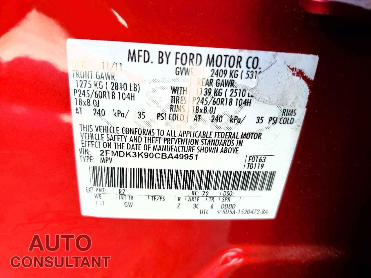 FORD EDGE 2012 - 2FMDK3K90CBA49951